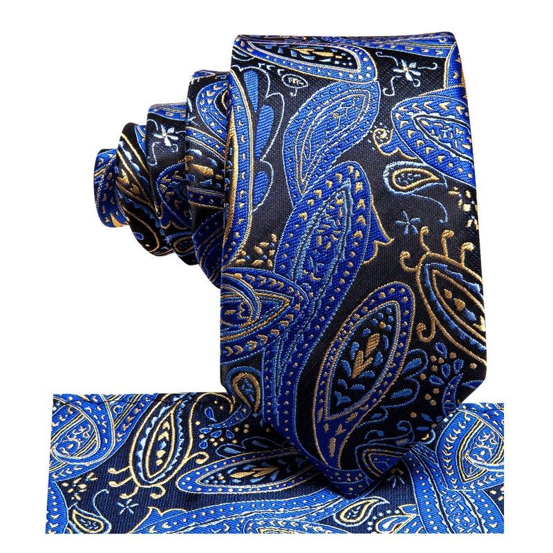 Dubulle Boys Blue Gold Paisley Necktie Self Tie Silk Paisely Kids Tie and Pocket Square Set for Age 8-11 Graduation School Uniform - Image 2